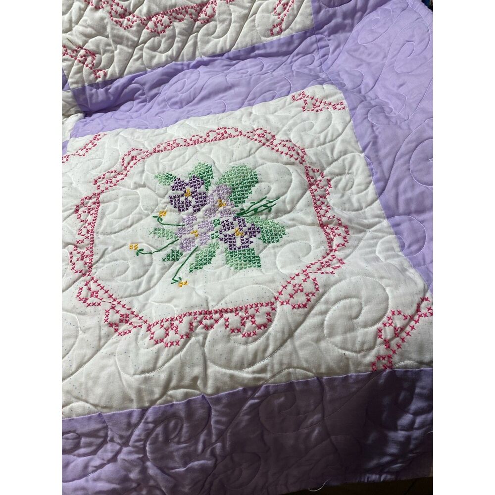 Vintage Handmade Embroidered Floral Quilt - Purple Pansy Cross Stitch - 82x71